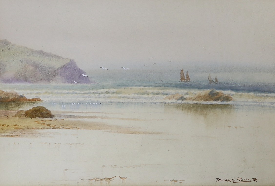 Douglas, Pinder (1886-1949), watercolour, Beach scene, signed and dated '87, 19 x 28cm, a still life of roses by A.Kemp Tebby, and an unsigned Swiss lake scene